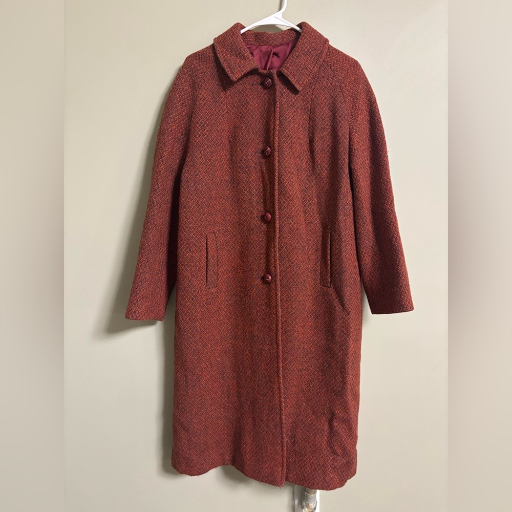 Harris Tweed Scottish Wool Coat Womens Size Large/ XL Red Houndstooth Vintage